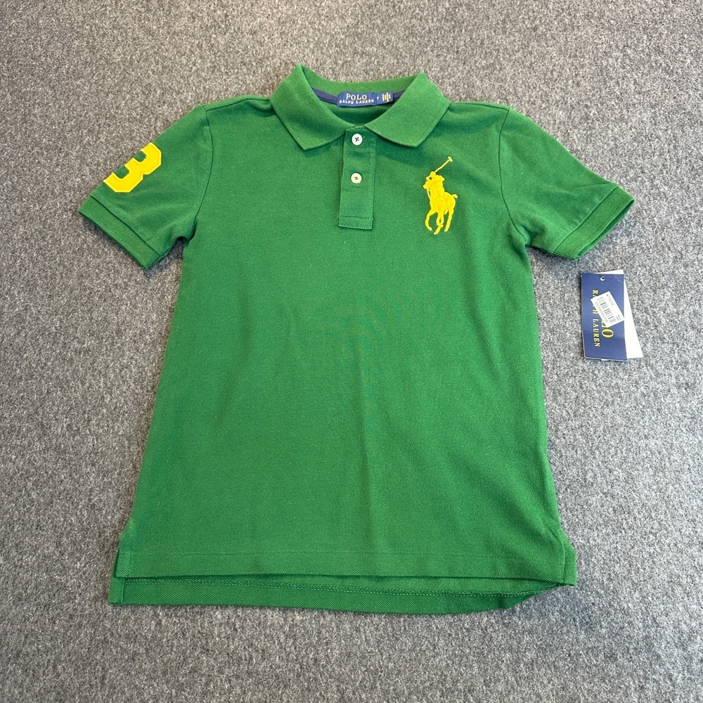 NEW Polo Ralph Lauren Boys Big Pony Cotton Mesh Polo Shirt Green Yellow 3 Size 7 - Picture 2 of 13